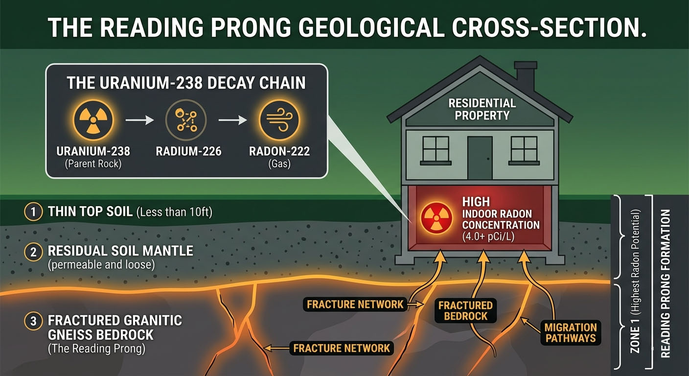 Cross-section diagram showing uranium-238 decay in Reading Prong granite bedrock producing radon-222 gas that migrates through fractured rock and soil into residential basement foundations in Berks County, Pennsylvania